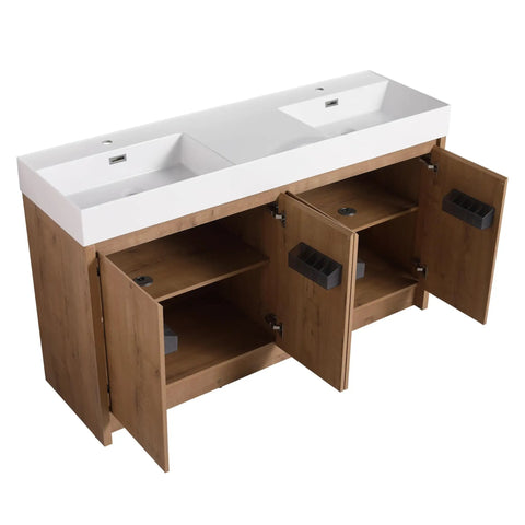 Top Shelf Heavy Duty Sixty Inch Bathroom Resin Sink With Slick Modern Countertop Basin Waterproof Finish No Hassle Setup For Contemporary Home Renovations And Style Boosters with dual sinks and wooden cabinets.