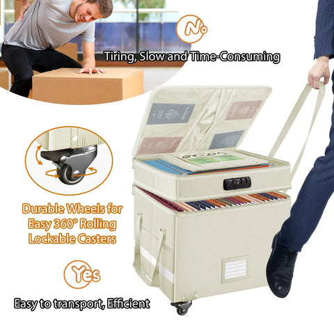 Rock Solid Fireproof Document Box With Secure Lock And Smooth Rollers Collapsible Portable Filing Cabinet Water Resistant Storage Organizer Roomy Beige, featuring durable casters for easy transport.