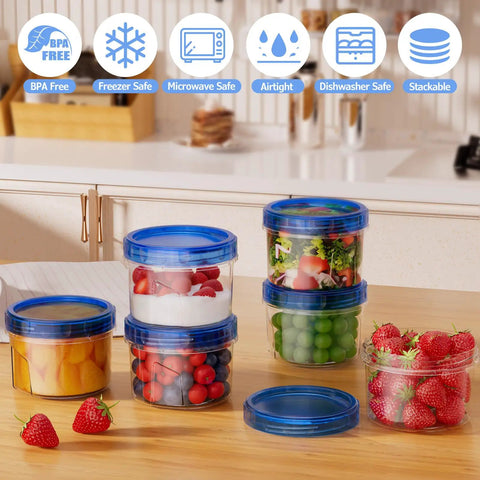 Sixteen Ounce Freezer Storage Containers Set With Twist Top Lids Round Plastic Food Storage Jars holding fruit and vegetables