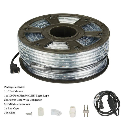 100Ft Purple LED Rope Lights For Indoor Outdoor Decor, Waterproof IP65, 110V Safe Electrical, coiled spool with accessories