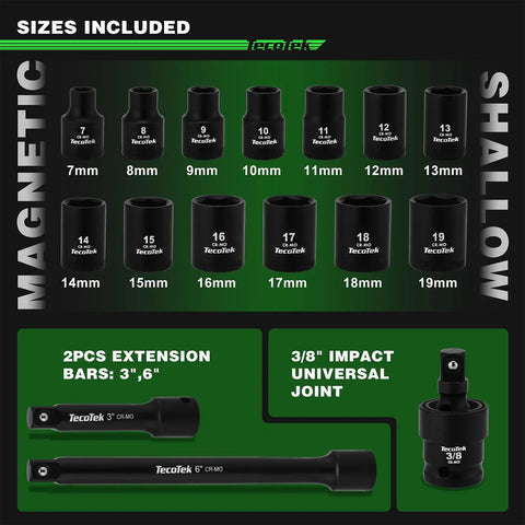 Shallow Magnetic Impact Socket Set For Three Eighths Inch Drive, 16 Piece, Metric 7mm To 19mm, 6 Point CRMO Steel, Magnetic Sockets