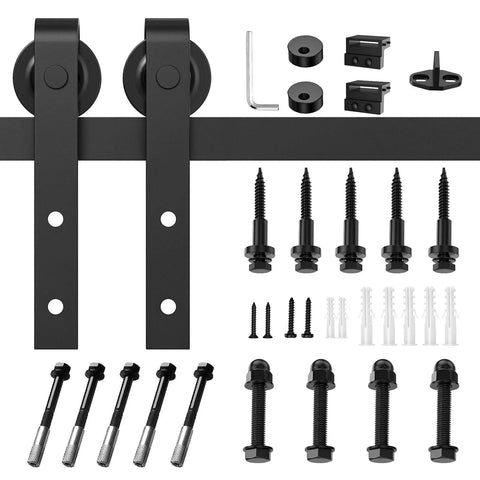 Beefy Heavy Duty Sliding Barn Door Hardware Kit for 6ft Single Door, Smooth Quiet Operation, Easy To Install, Black With J Shape Hangers