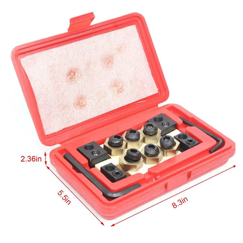 Built Tough CNC Eccentric Clamps Kit for Five Eighths Inch T-Slot in red case with copper studs and black nuts.