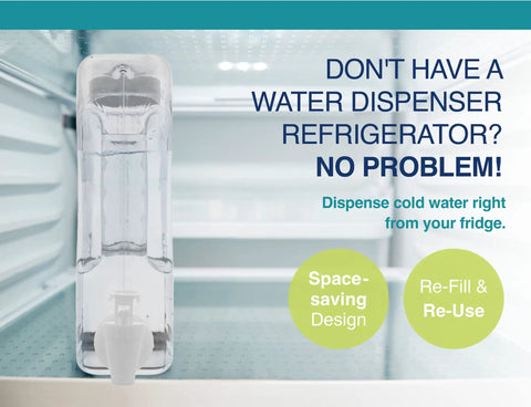 Filtered Water Dispenser Two And A Half Gallon BPA Free Plastic Beverage Dispenser with Spigot in fridge.