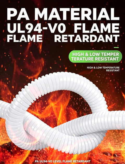 Heavy Duty PA66 Nylon Corrugated Conduit With Flame Resistant Sheathing For Zero Hassle Cable Routing And Bulletproof Wire Protection Across All Applications coiled against a fiery background.