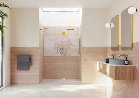 Frameless Shower Door Hinge With Enduroshield Glass Coating, Polished Brass Finish, Heavy Duty Pivot Hardware For 78 Inch By 60.5 Inch Shower Enclosures, No Fuss Install, Durable Glass Door Hardware, Sleek Modern Look in gold bathroom