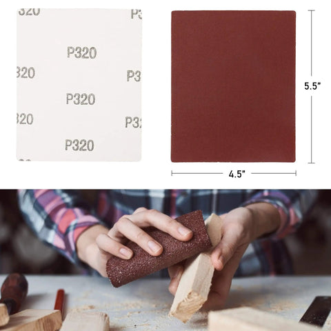 Quarter Sheet Sandpaper Set With 50 Assorted Grits For Palm Sander 5.5 By 4.5 Inches depicting P320 grit and woodworking use