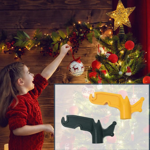 Two Pack Multi Purpose Plastic Utility Hook Pole Attachment Featuring Three Sized Notches And A Bottom Puller For No Sweat Organizing And Boss Level Storage Solutions shown with child decorating Christmas tree.