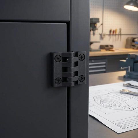 Black Plastic Cabinet Door Hinges 1.57 Inch Screw Mount Lift Off Enclosure Hinges for control panels, close-up view