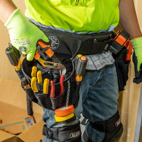 Pro Grade Electrician Tool Belt and Pouch Set With Padded Belt For The Job Site, 8 Pocket Pouch, medium size in use