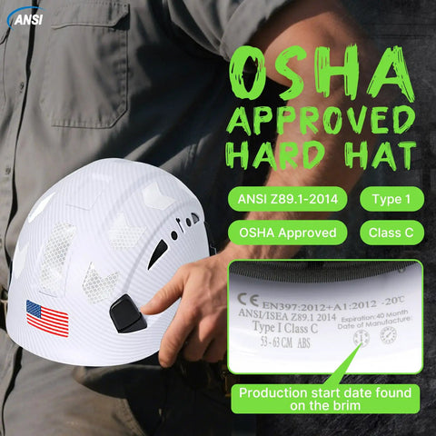 Top Tier White Carbon Fiber Look Hard Hat With Maximum Airflow Vents And Sturdy Six Point Suspension For Real Construction Pros, viewed from the side.