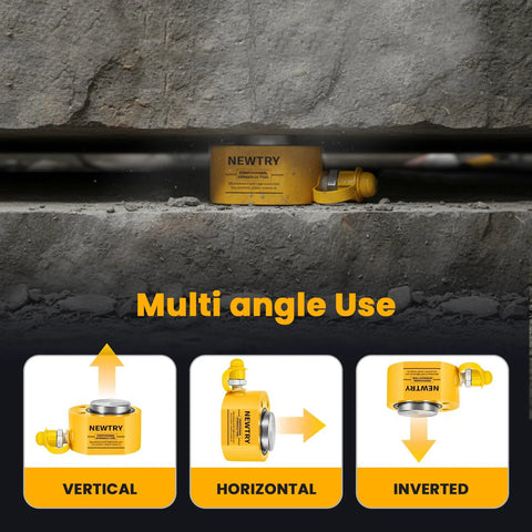 Yellow NEWTRY 20-ton low-profile hydraulic jack under concrete, showing vertical, horizontal and inverted use icons