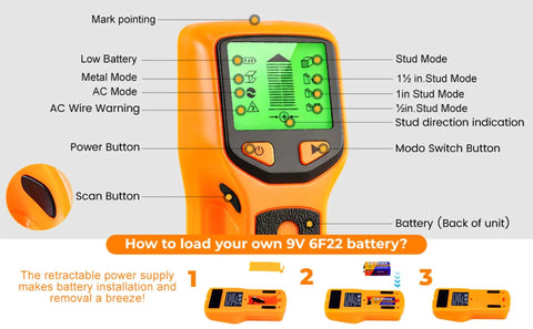 No Sweat 5 In 1 Handheld Stud Finder And Wall Scanner With Auto Calibrating Sensor showing functions and battery installation guide.