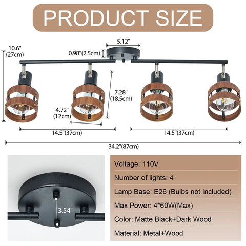 Product dimensions and features of Four Head Black Track Lighting With E26 Sockets Adjustable Spotlight Heads And Wood Accent Dope Farmhouse Vibe Modern Ceiling Light For Living Room And Kitchen Flexible Directional Arms.