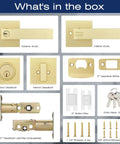 Three Pack Door Handleset With Single Cylinder Deadbolt In Satin Brass Reversible For Right Or Left Swing Square Keyed Deadbolt Lock Set For Entry Doors Easy Install And Smooth Operation For Modern Homes showing box contents including knobs, plates, deadbolts, keys, and screws.