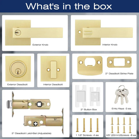 Three Pack Door Handleset With Single Cylinder Deadbolt In Satin Brass Reversible For Right Or Left Swing Square Keyed Deadbolt Lock Set For Entry Doors Easy Install And Smooth Operation For Modern Homes showing box contents including knobs, plates, deadbolts, keys, and screws.