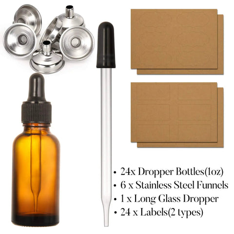 Super Durable 24 Pack 1 Oz Amber Glass Eye Dropper Bottles With Stainless Funnels And Label Sheets including dropper and funnels.