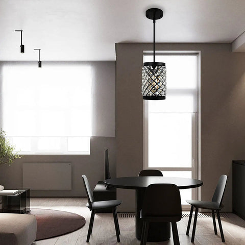 Modern Black Crystal Pendant Lights With 108 Prism Glasses Matte Black Industrial Style 1 Light Hanging Ceiling Lamp in dining room