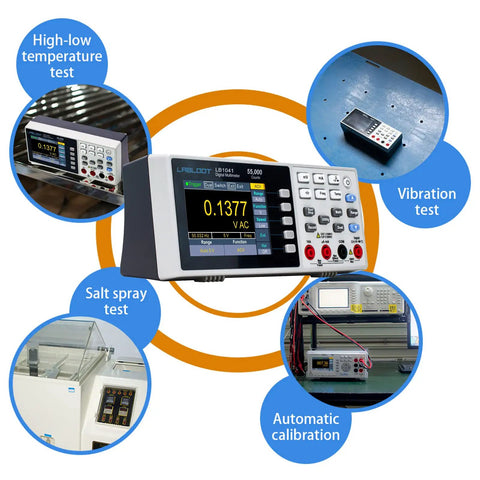 USB Digital Multimeter With True RMS 55000 Counts 3.7 Inch LCD Screen showcasing test capabilities and features