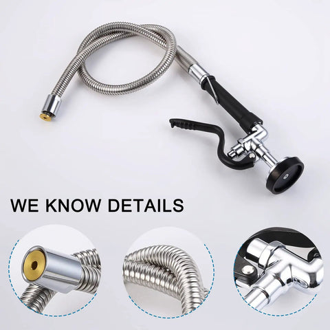 Pro Grade Pre Rinse Spray Valve With 38 Inch Flexible Stainless Steel Hose For Commercial Sinks And Restaurant Faucets Wall Mount Or Desk Mount Replacement Kit Heavy Duty Kitchen Upgrade shown in detail.