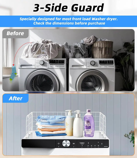 Before and after of Magnetic Laundry Guard 24 Inch Wide For Front Loading Washers And Dryers, installed on washing machine.