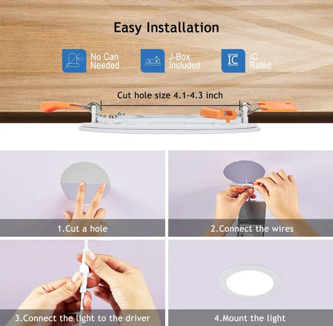 Easy installation guide for 4 Inch LED Recessed Lighting Kit Canless Pot Wafer Lights Dimmable With 3000K 4000K 5000K Selectable