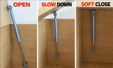 Top Tier Toy Box Hinges 2 Pack With 150N Soft Close Gas Struts For Heavy Lids shown in open, slow down, and soft close positions.