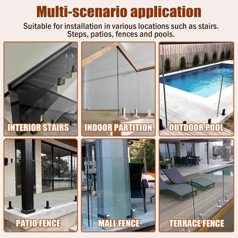 Top Shelf Adjustable Side Mount Glass Railing Clamps Forged From Rust Resistant 304 Stainless Steel For Tempered Glass Deck Rails Easy Does It Diy Mounting All Weather Ready Silver 18 Pack installed in various locations like stairs, patios, and pools.
