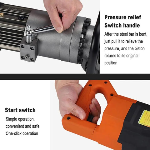 Close-up of Heavy Duty Handheld Automatic Hydraulic Electric Rebar Bender's pressure relief and start switch controls.