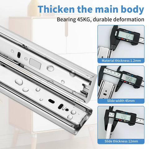 Heavy Duty 18 Inch Soft Close Full Extension Drawer Slides 6 Pair Set With Hydraulic Damping Side Mount Zinc Steel close-up.