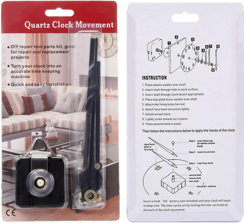 Clock Movement Mechanism With High Torque Long Shaft For Wall Clocks Replacement DIY Quartz Motor Includes Brackets Gasket Washer Hex Screw And Two Pairs Of Hands For Easy Repair package with instructions
