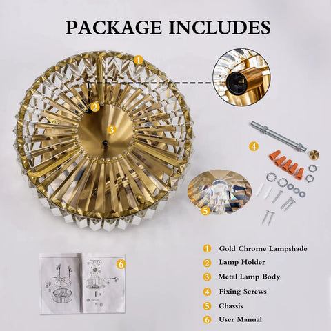 Package contents of Four Light Crystal Drum Ceiling Light Fixture with Gold Brass Finish and installation guide