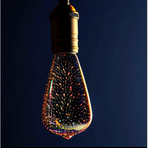 Infinity 3D Fireworks Multicolor LED Bulb for Party Vibes Prism ST19 Style LED Bulb hanging in dark setting