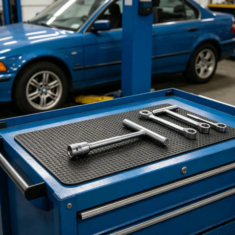 Heavy Duty Car Body Dent Puller Set For Sheet Metal Panels And Doors With T Bar Including Graduated Pulling Force Options and Premium Glue Tabs, tools on service cart in auto shop.