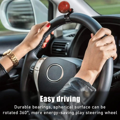 Woodgrain Steering Wheel Spinner Knob for Easy One Hand Driving installed on black steering wheel in car interior