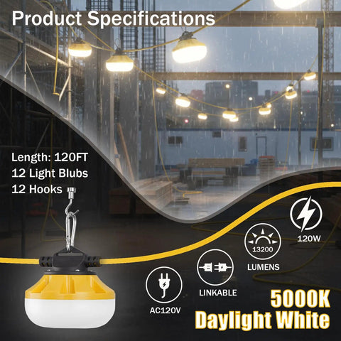 Heavy Duty 120Ft LED Construction String Lights With 12 Waterproof Bulbs, in use on a jobsite, showcasing 5000K daylight white illumination