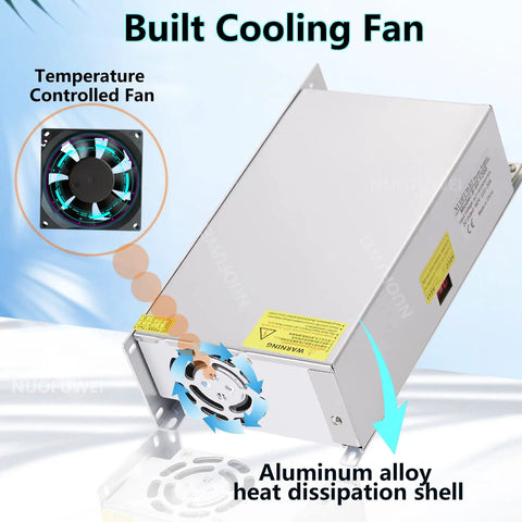 Beefy 12V 100A 1200W Switching Power Supply Adapter PSU SMPS with built-in cooling fan and aluminum heat dissipation shell.