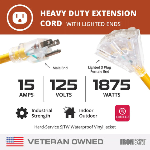 Beefy Heavy Duty 50Ft 10 Gauge Outdoor Lighted Extension Cord With 3 Outlets 15 Amp SJTW Yellow Weather Resistant Copper