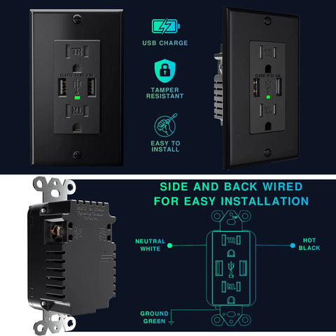 2-Pack Black USB Wall Outlet With Dual USB Ports 4.8A Total Fast Charge, 15 Amp Duplex, Tamper Resistant Electrical Receptacle, UL Listed