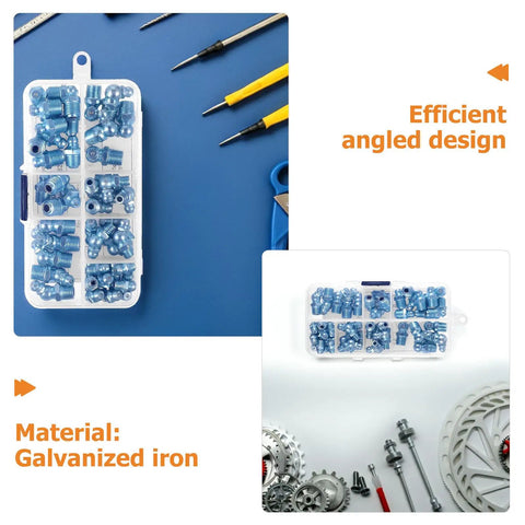 Bulk Pack 100 Grease Zerk Fittings, 8 To 28 Threaded Hex Head, 45 Degree Angled Nipples, Galvanized Iron Lubrication Fittings For Mechanical Joints And Machinery, Easy Batch Repairs For Industrial Equipment in organizer case
