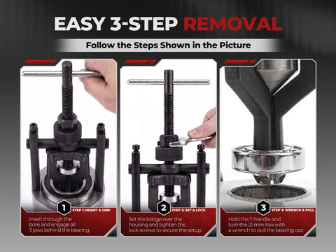 Heavy Duty 3 Jaw Internal Bearing Puller Crafted For Blind And Pilot Bearings That Expands Securely Behind Stubborn Parts For Quick Extraction From Transmission And Differential Cases Without Breaking A Sweat, demonstrating easy 3-step removal.