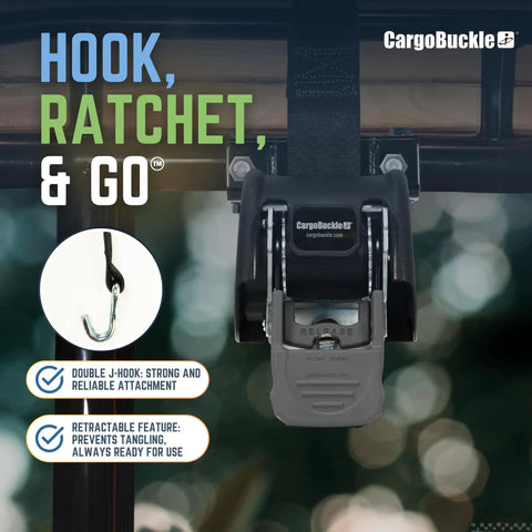 Ladder Rack Tie-Down System With Self Retracting Ratchet Straps, Square Mount, close-up showcasing hook and release mechanism