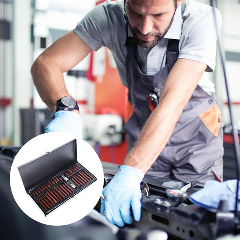 Heavy Duty 40 Piece Automotive Repair Bit Socket Set With Star Spline And Hex Drive Bits, shown in use by a mechanic.