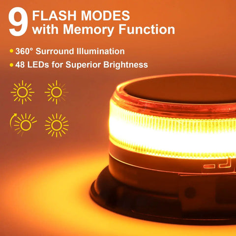 Badass Solar LED Amber Beacon Light With Weather Resistant Magnetic Base And Rechargeable Rotating Strobe Lamp For Pickups Tractors Golf Carts And Job Site Rigs, close-up of rotating amber strobe with LED lights.