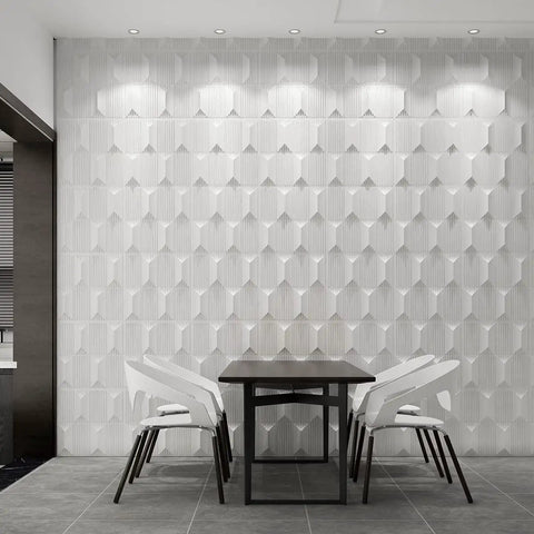 Interior with Big 3D Diamond Pattern PVC Wall Panels 19.7 By 19.7 Inches White Pack Of 12 Tiles for fast DIY decor
