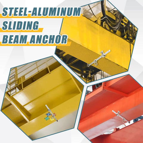 Heavy Duty Sliding Horizontal Beam Anchor For I And H Beams on yellow and red flanges, showcasing adjustable design and steel cast material.