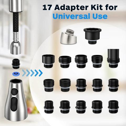 Pull Down Sprayer Head With Three Modes And 17 Adapters For Kitchen Faucets Universal Hose Fit kit display