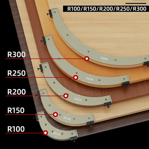 Boss Level Router Radius Template Set With Removable Jig For Flawless Edge Rounding R100 R150 R200 R250 R300 showing five curve templates stacked.