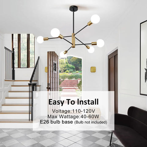 Sputnik Style 6 Light Modern Gold and Black Chandelier for Dining Room Living Room Kitchen or Bedroom with Rotatable Arms Pendant