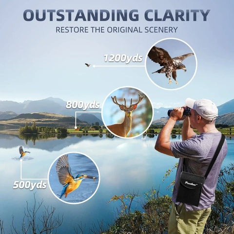 Man using 12x60 High Power Monocular with Smartphone Adapter and Tripod for wildlife watching by a lake, showing clarity at various distances.